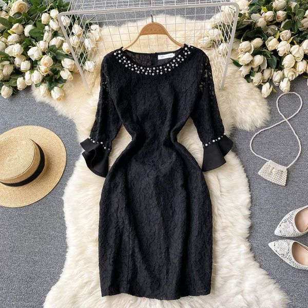 casual dresses summer fashion vestidos female retro beaded round neck trumpet sleeves slim bag hip temperament lace midi dress dk1078, Black;gray
casual dresses summer fashion vestidos female retro beaded round neck trumpet sleeves slim bag hip temperament lace midi dress dk1078, Black;gray