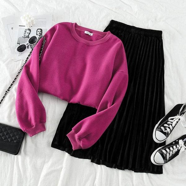 two piece dress 2021 women casual skirt set o neck pullover thicken sweatshirt +high waist black pleated long korean style 2 sets, White
two piece dress 2021 women casual skirt set o neck pullover thicken sweatshirt +high waist black pleated long korean style 2 sets, White
