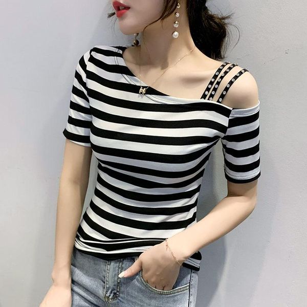 women's t-shirts striped summer solid diamonds slash neck slim short-sleeved strapless t-shirt korean pl016, White
women's t-shirts striped summer solid diamonds slash neck slim short-sleeved strapless t-shirt korean pl016, White