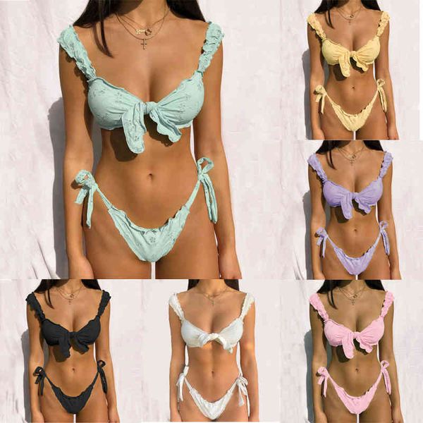 women bikini sets solid color ruffled swimwear bathing suits 2 piece split push up bandage beachwear mujer thong biquini 210329, White;black
women bikini sets solid color ruffled swimwear bathing suits 2 piece split push up bandage beachwear mujer thong biquini 210329, White;black