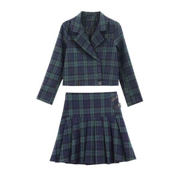 green notch collar two womens dresses pieces set plaid suit button mini short pleated skirt long sleeve t0248, White
green notch collar two womens dresses pieces set plaid suit button mini short pleated skirt long sleeve t0248, White