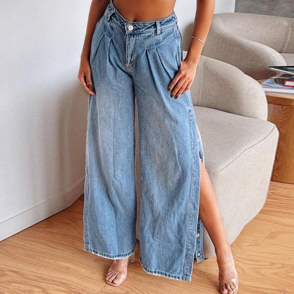 women's jeans aushiya fashion high split button wide leg pants women waist washed long jean femme street casual trousers female, Blue
women's jeans aushiya fashion high split button wide leg pants women waist washed long jean femme street casual trousers female, Blue
