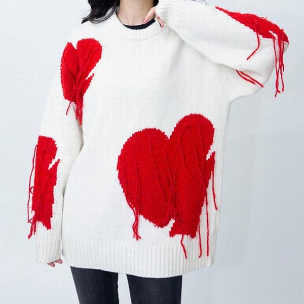 women's sweaters 2021 female autumn and winter loose retro mid-length jacquard red love tassel sweater, White;black
women's sweaters 2021 female autumn and winter loose retro mid-length jacquard red love tassel sweater, White;black