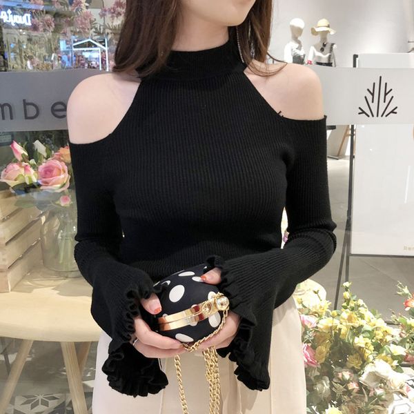 off shoulder flare sleeve thin sweater women computer knitted turtleneck pullovers black white, White;black
off shoulder flare sleeve thin sweater women computer knitted turtleneck pullovers black white, White;black