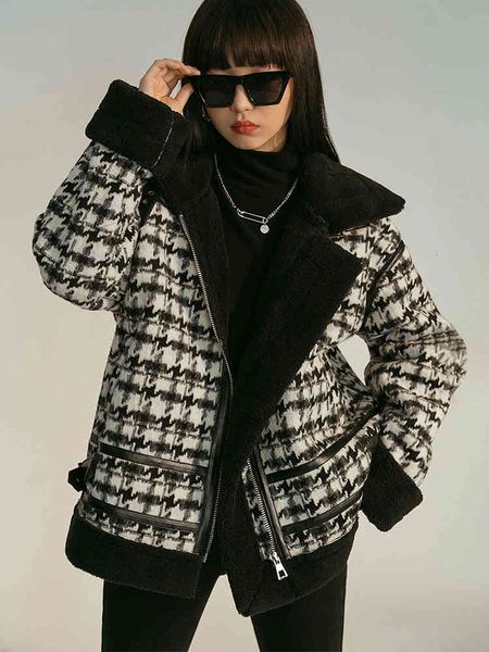 two piece dress lamb wool thickening and velvet korean loose coat female short houndstooth wild spring style 8k84, White
two piece dress lamb wool thickening and velvet korean loose coat female short houndstooth wild spring style 8k84, White