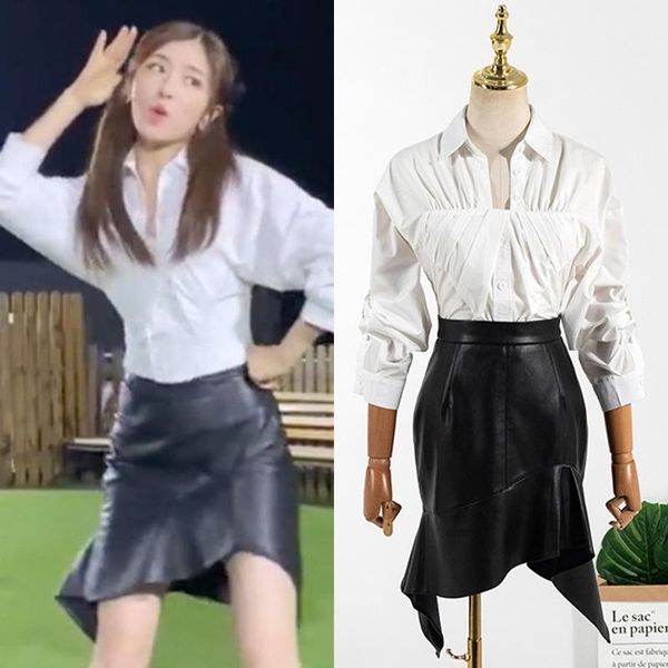 women's tracksuits kpop korean celebrity white long sleeve button shirt black slim high waist irregular pu leather skirts women two pie, Gray
women's tracksuits kpop korean celebrity white long sleeve button shirt black slim high waist irregular pu leather skirts women two pie, Gray