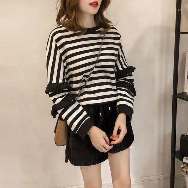 women's sweaters luosha 2021 women autumn winter striped knitted pullover and sweater female korean style loose ruffles 4xl plus size t, White;black 
women's sweaters luosha 2021 women autumn winter striped knitted pullover and sweater female korean style loose ruffles 4xl plus size t, White;black