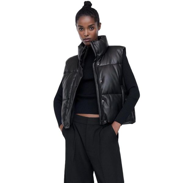 women's vests leather cotton vest women 2021 autumn winter fashion pu turtleneck zipper pocket jacket slim short female jd1350, Black;white
women's vests leather cotton vest women 2021 autumn winter fashion pu turtleneck zipper pocket jacket slim short female jd1350, Black;white