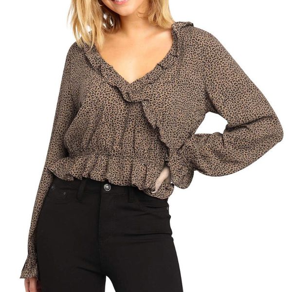 women's blouses & shirts womail women blouse ruffle long sleeve chiffon v neck flare leoaprd plus size, White 
women's blouses & shirts womail women blouse ruffle long sleeve chiffon v neck flare leoaprd plus size, White