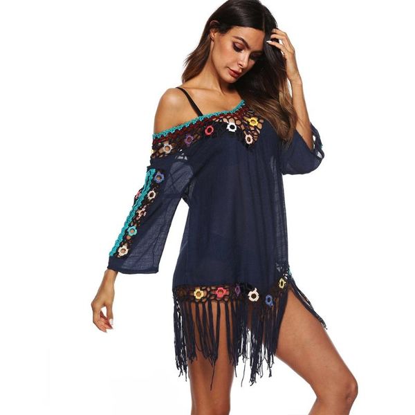 women bathing suit swimsuit cover ups 3/4 sleeve v-neck irregular tassel beach dress off shoulder floral crochet women's swimwear, White;black
women bathing suit swimsuit cover ups 3/4 sleeve v-neck irregular tassel beach dress off shoulder floral crochet women's swimwear, White;black