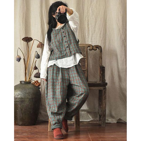 women spring autumn cotton linen plaid elastic waist pants ladies vintage loose trousers female women's & capris, Black;white
women spring autumn cotton linen plaid elastic waist pants ladies vintage loose trousers female women's & capris, Black;white