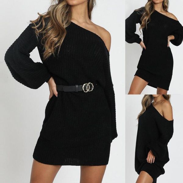 women one shoulder puff long sleeve sweater dress loose tunic knitted jumpers femme solid color warm casual dresses, Black;gray
women one shoulder puff long sleeve sweater dress loose tunic knitted jumpers femme solid color warm casual dresses, Black;gray