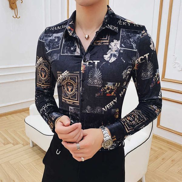 winter retro velour print men shirt casual slim fit long sleeve shirts men dress streetwear camisa social chemise homme 210527, White;black 
winter retro velour print men shirt casual slim fit long sleeve shirts men dress streetwear camisa social chemise homme 210527, White;black