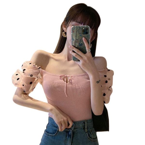 women's t-shirt women puff sleeve mesh polka dot ribbed knit lace-up slim crop est, White
women's t-shirt women puff sleeve mesh polka dot ribbed knit lace-up slim crop est, White