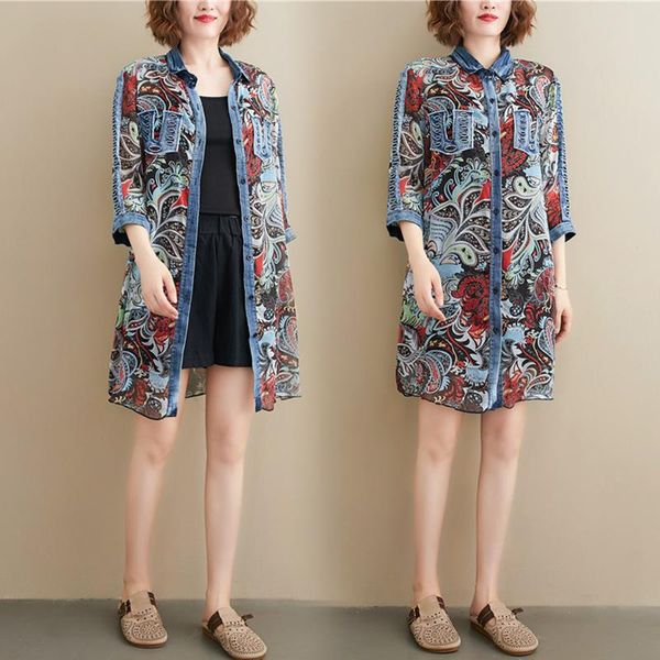 denim stitching chiffon print mid-length thin coat female irregular loose three-quarter sleeves lapel sunscreen cardigan women women's, Black;brown
denim stitching chiffon print mid-length thin coat female irregular loose three-quarter sleeves lapel sunscreen cardigan women women's, Black;brown