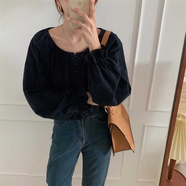 black sweet puff sleeves lace femme casual korean all match chic gentle girls loose shirts 210525, White
black sweet puff sleeves lace femme casual korean all match chic gentle girls loose shirts 210525, White