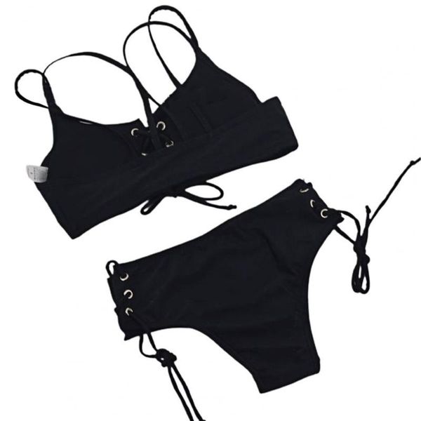 women's swimwear summer women bikini set solid color bandage lace up padded bra briefs bathing suit for swimming, White;black
women's swimwear summer women bikini set solid color bandage lace up padded bra briefs bathing suit for swimming, White;black