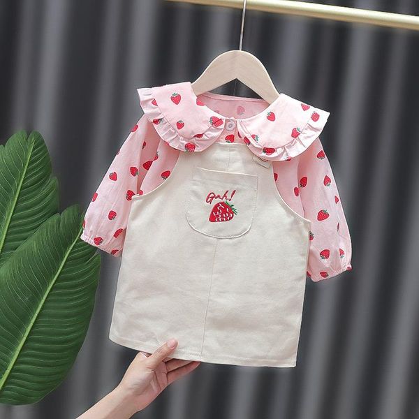 girl's dresses 2021 baby korean fashion style girls dress kids strawberry print shirt and overalls 2pcs outfits infant spring clothes, Red;yellow 
girl's dresses 2021 baby korean fashion style girls dress kids strawberry print shirt and overalls 2pcs outfits infant spring clothes, Red;yellow