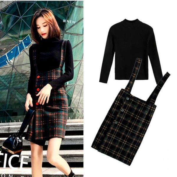 two piece dress 2 pcs spring autumn clothing set basic knitted sweaters and overall plaid cut skirts party suits, White
two piece dress 2 pcs spring autumn clothing set basic knitted sweaters and overall plaid cut skirts party suits, White