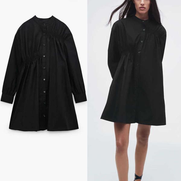 za black poplin mini dress women long sleeve elastic vintage pleated summer dresses woman chic front button loose vestidos 210602, Black;gray
za black poplin mini dress women long sleeve elastic vintage pleated summer dresses woman chic front button loose vestidos 210602, Black;gray