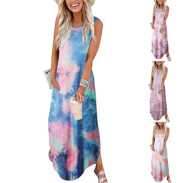 women's dresses 2021 tie dye print long loose poet sleeveless split, Black;gray