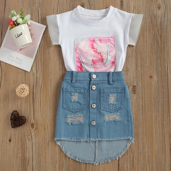 pcs infant casual outfits baby girl shoe pattern short sleeve round neck t-shirt asymmetric ripped denim skirt with pocket clothing sets, White
pcs infant casual outfits baby girl shoe pattern short sleeve round neck t-shirt asymmetric ripped denim skirt with pocket clothing sets, White
