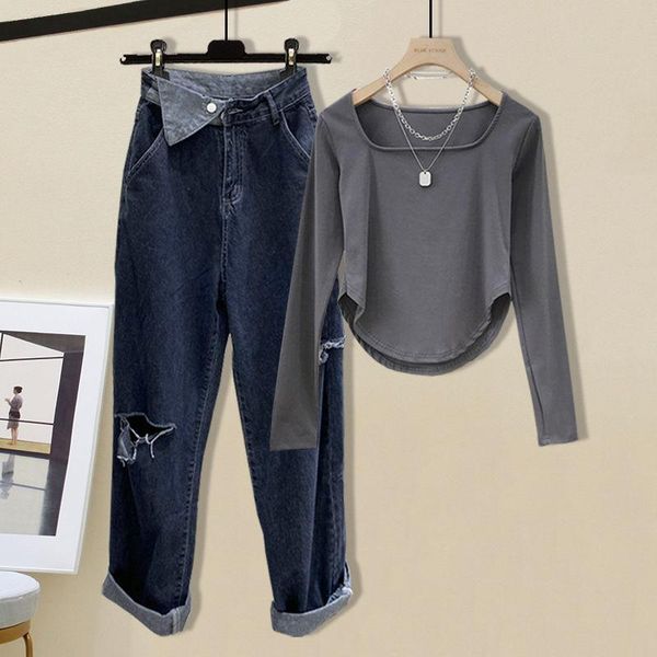 women's two piece pants large size autumn suit 2021 slim square collar long sleeve t-shirt hole jeans two-piece set, White
women's two piece pants large size autumn suit 2021 slim square collar long sleeve t-shirt hole jeans two-piece set, White