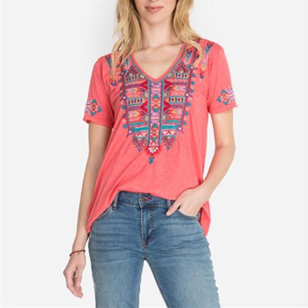 women's embroidered v-neck loose t-shirt boho style ladies casual pullover short sleeve fashion street t-shirts, White
women's embroidered v-neck loose t-shirt boho style ladies casual pullover short sleeve fashion street t-shirts, White