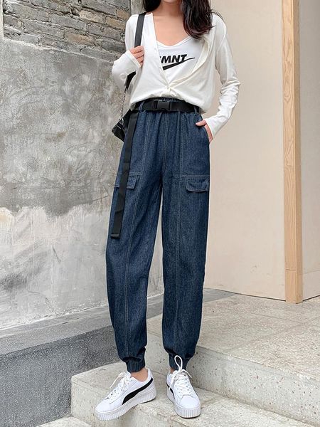 women's jeans high waist pants slimming spring straight loose leisure workwear ankle length ankle-tied harem women, Blue
women's jeans high waist pants slimming spring straight loose leisure workwear ankle length ankle-tied harem women, Blue