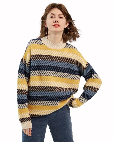 women's sweaters zhili pure cashmere block stripes mock neck thick sweater, White;black
women's sweaters zhili pure cashmere block stripes mock neck thick sweater, White;black