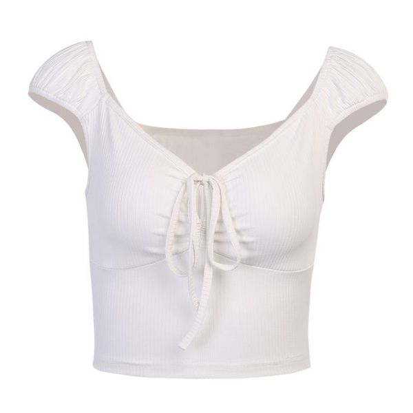 women's t-shirt sweetkama v-neck lace-up slim chest short-sleeved solid color sweet wind pleated female, White
women's t-shirt sweetkama v-neck lace-up slim chest short-sleeved solid color sweet wind pleated female, White