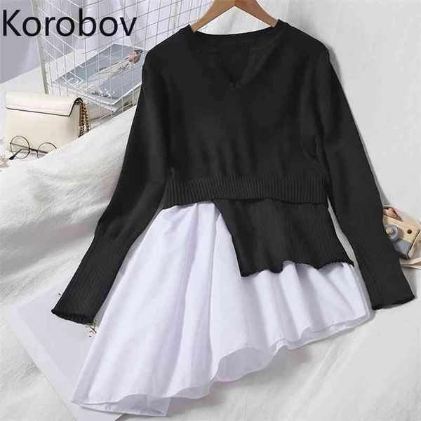 korobov korean chic o neck women sweaters vintage long sleeve sueter mujer new autumn winter fake 2 pieces jumper femme 210430, White;black
korobov korean chic o neck women sweaters vintage long sleeve sueter mujer new autumn winter fake 2 pieces jumper femme 210430, White;black