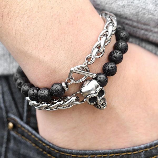 link, chain skull charm bracelets for men stainless steel double layered wheat link black lava beaded bracelet male jewelry 8mm 10mm ddb183
link, chain skull charm bracelets for men stainless steel double layered wheat link black lava beaded bracelet male jewelry 8mm 10mm ddb183