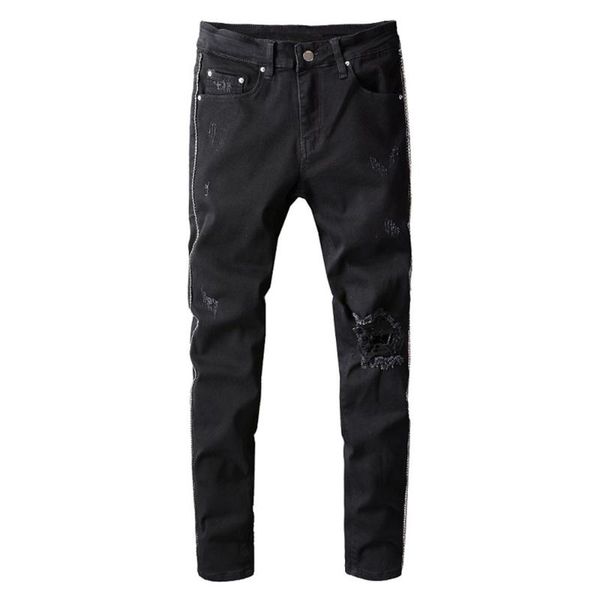 men's jeans crystal rivet black streetwear holed ripped stretch denim pants slim skinny pencil trousers, Blue
men's jeans crystal rivet black streetwear holed ripped stretch denim pants slim skinny pencil trousers, Blue