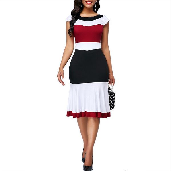 office o neck ruffled womens dress hem sleeveless color block bodycon knee length vestido de mujer, Black;gray
office o neck ruffled womens dress hem sleeveless color block bodycon knee length vestido de mujer, Black;gray