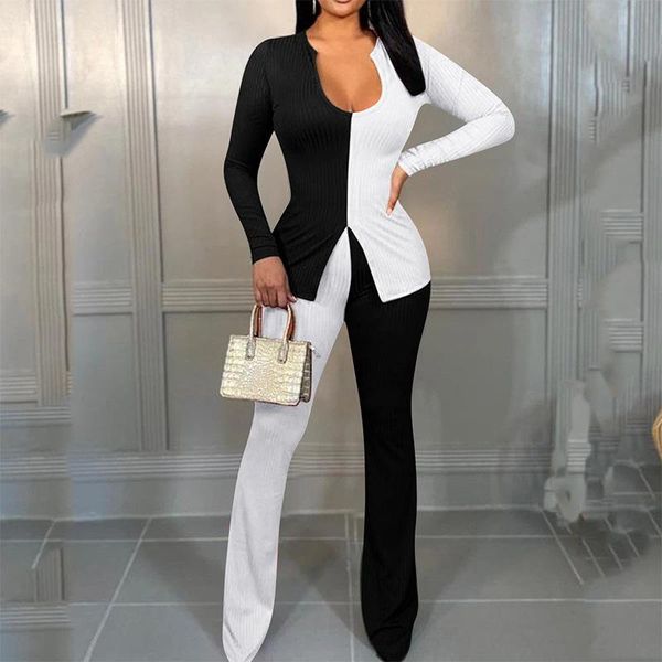 women's two piece pants fall fashion fine pit strip color matching 2 set long sleeve + u-neck slim ladies leisure suit, White
women's two piece pants fall fashion fine pit strip color matching 2 set long sleeve + u-neck slim ladies leisure suit, White