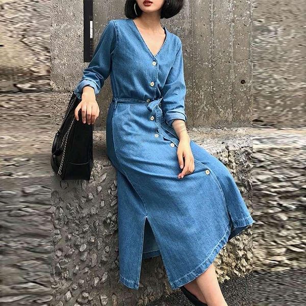 fashion spring autumn solid v neck vestidos elegant denim midi dress with belt female full sleeves pocket robe oversized casual dresses, Black;gray
fashion spring autumn solid v neck vestidos elegant denim midi dress with belt female full sleeves pocket robe oversized casual dresses, Black;gray