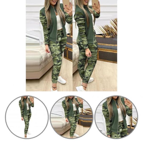 women's two piece pants windproof simple camouflage stitching stand collar sporty outfit coat set shrinkable cuffs for daily wear, White
women's two piece pants windproof simple camouflage stitching stand collar sporty outfit coat set shrinkable cuffs for daily wear, White