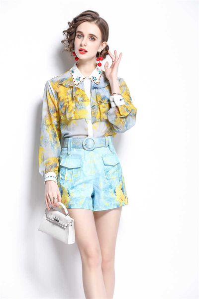 women summer designer elegant office party print two piece set female long sleeve ruffles shirt + pocket wide leg shorts set 210525, White
women summer designer elegant office party print two piece set female long sleeve ruffles shirt + pocket wide leg shorts set 210525, White