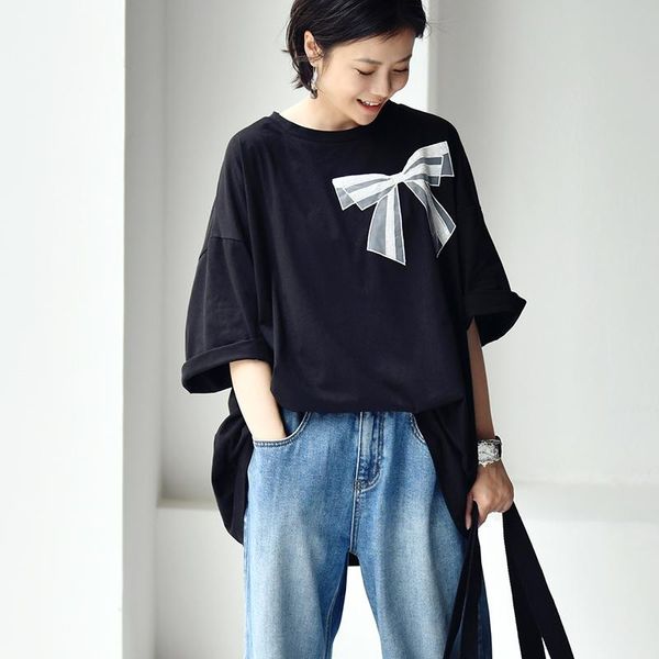 women's t-shirt micoco t6833c literature and art leisure bead piece the embroidery bowknot oversize round neck short sleeves, White
women's t-shirt micoco t6833c literature and art leisure bead piece the embroidery bowknot oversize round neck short sleeves, White