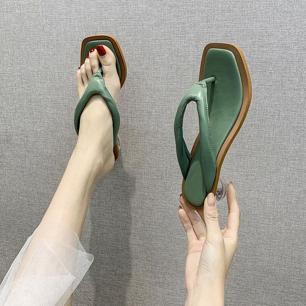 high heels flip flops summer shoes for women kitten square toe slippers casual comfy ladies flop, Black