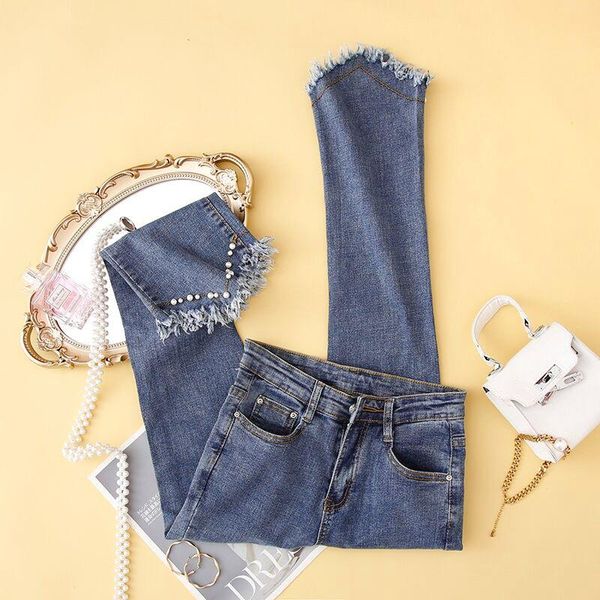 women's jeans summer high waist casual pearl irregular rough nine point micro flared pants, Blue
women's jeans summer high waist casual pearl irregular rough nine point micro flared pants, Blue
