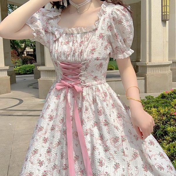 party dresses sweet princess square collar with wooden ear edge floral dress french girl bubble sleeve waist lace up skirt, White;black
party dresses sweet princess square collar with wooden ear edge floral dress french girl bubble sleeve waist lace up skirt, White;black