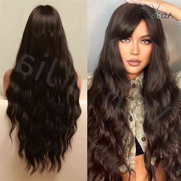 brown black wind synthetic long hair with bangs wavy curly wig female 
brown black wind synthetic long hair with bangs wavy curly wig female