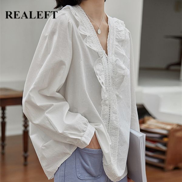 autumn white chic oversized women's shirts blouses long sleeve lace patchwork v-neck female loose korean 210428
autumn white chic oversized women's shirts blouses long sleeve lace patchwork v-neck female loose korean 210428