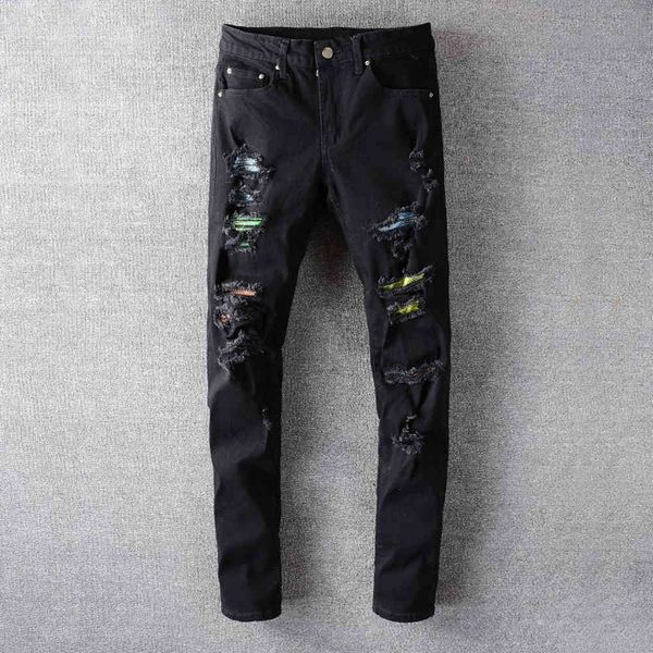 men's jeans trendy crystal stitch color ripped black stretch pants streetwear big size skinny pencil 3p3q, Blue
men's jeans trendy crystal stitch color ripped black stretch pants streetwear big size skinny pencil 3p3q, Blue
