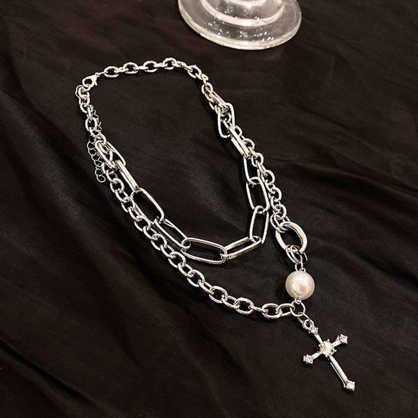 fashion exaggeration double layered pearl necklace french sweater chain with diamond cross necklace, Black
fashion exaggeration double layered pearl necklace french sweater chain with diamond cross necklace, Black