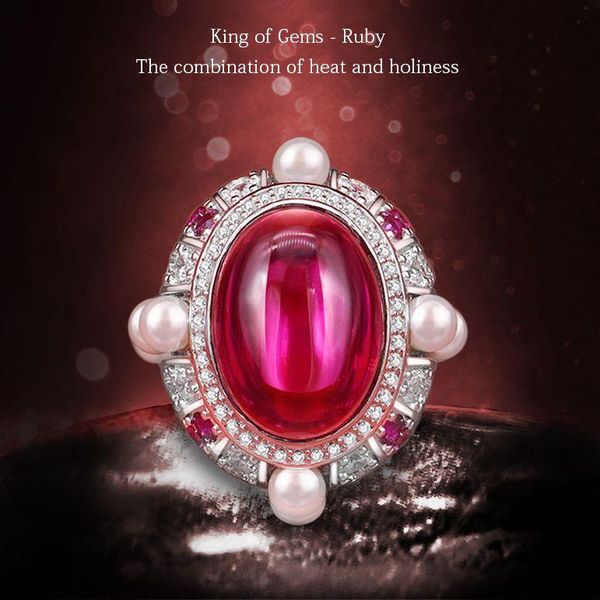 cluster rings luxury 925 sterling silver s925 ruby diamond gemstone pearl ring for women wedding bijoux en perl anniversary jewelry, Golden;silver