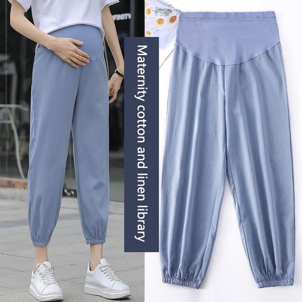 summer maternity pants cotton cropped trousers cool breathable loose high-waist stomach lift casual for pregnant woman bottoms, White 
summer maternity pants cotton cropped trousers cool breathable loose high-waist stomach lift casual for pregnant woman bottoms, White
