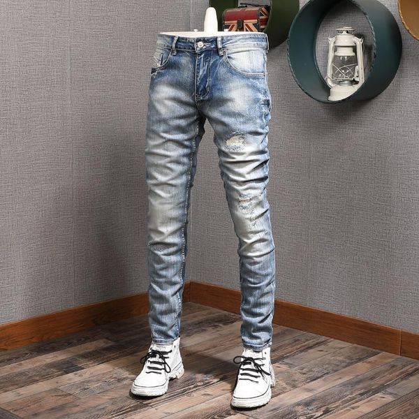 men's jeans european vintage fashion men retro light blue elastic slim ripped patchwork designer casual cotton denim pants
men's jeans european vintage fashion men retro light blue elastic slim ripped patchwork designer casual cotton denim pants